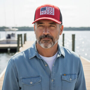 NEW Bayside USA Fish Flag Snapback Mesh Back Trucker Fishing Hat Cap NWOT